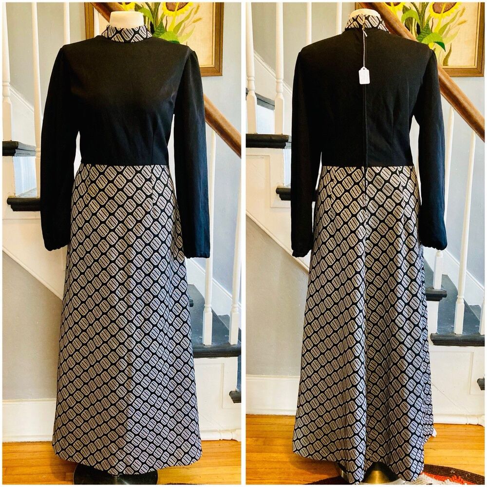 1970s VOLUP Black And Grey Op-Art Polyester Knit Maxi Dress Hostess Mod Hippie